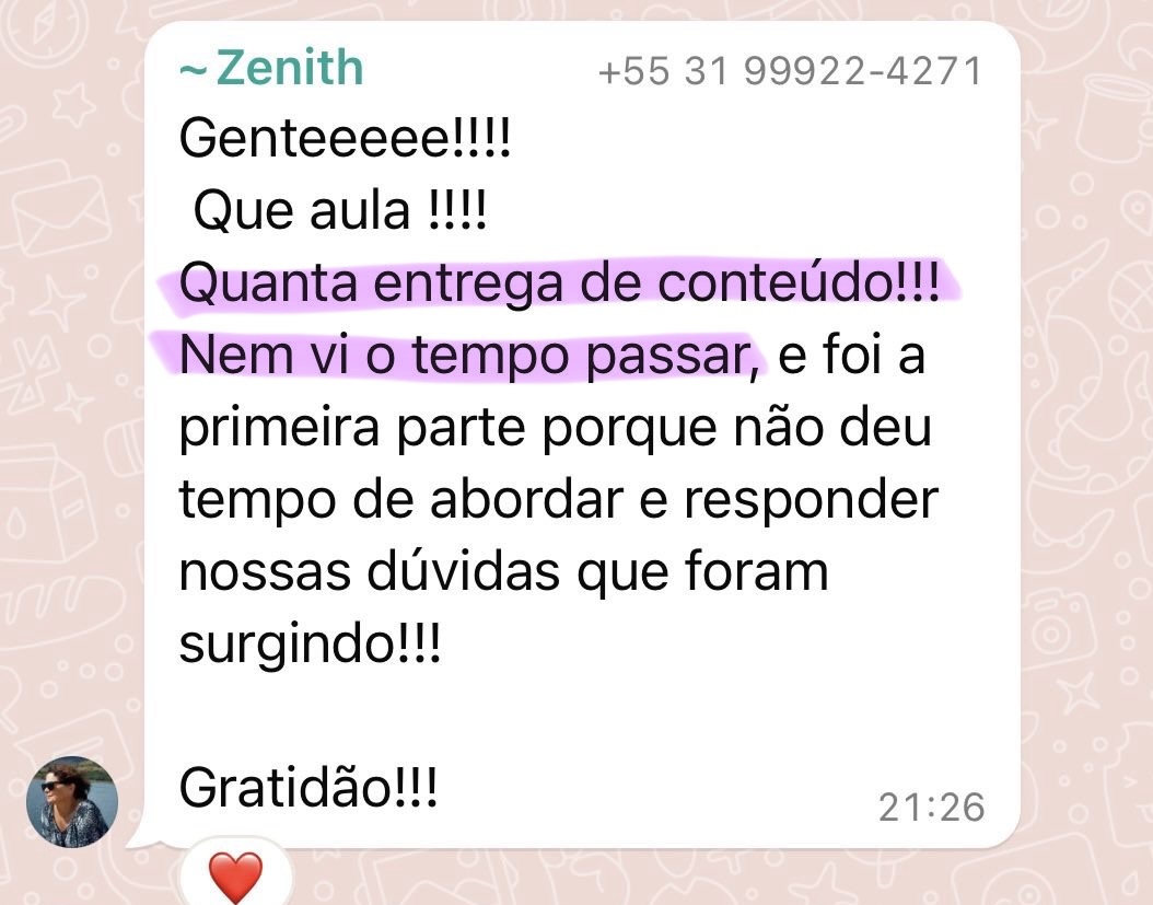 Mensagem de Zenith elogiando a entrega de conteúdo e o espaço para responder dúvidas.