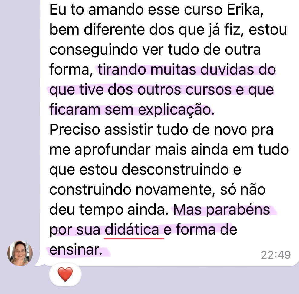 Mensagem de aluna dizendo que está amando o curso e tirando muitas dúvidas.