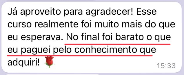 Mensagem de aluna agradecendo pelo conhecimento adquirido no curso.